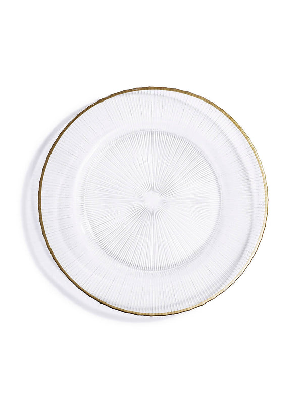 Clear glass plate with a radial textured pattern and a thin gold rim, viewed from above on a white background.