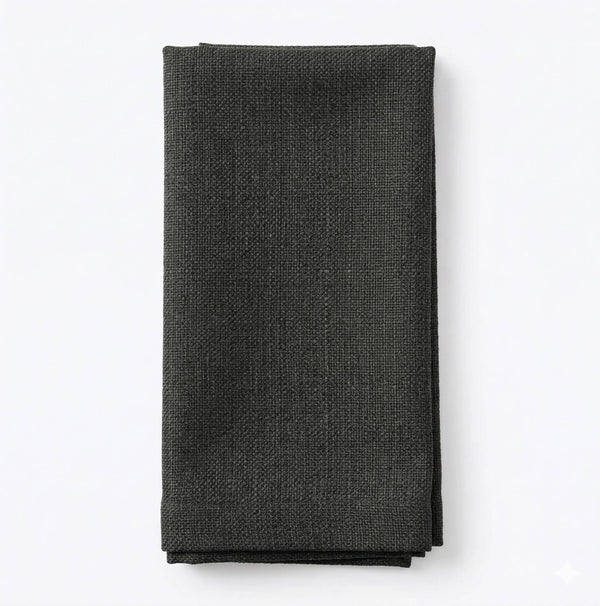 A neatly folded, textured dark gray Amelia Courgette Linen cloth napkin is displayed on a plain white background, perfect for adding an elegant fabric touch to any event setting.