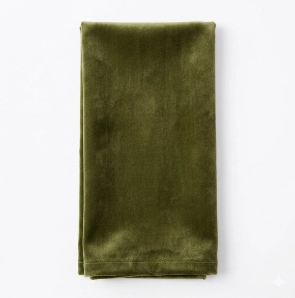 The Charlotte Avocado Velvet napkin, elegantly folded and made from luxurious velvet, is showcased on a white background.