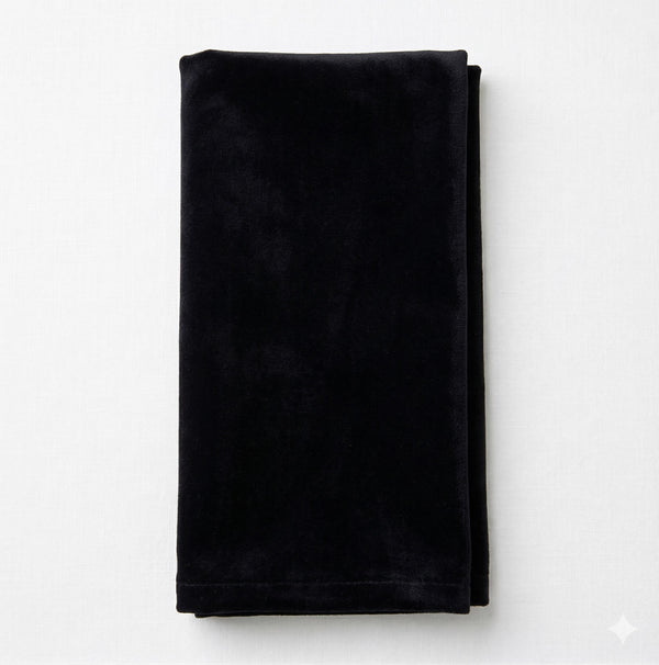 The Charlotte Black Velvet napkin, crafted from luxurious velvet, is neatly folded and displayed on a plain white surface.