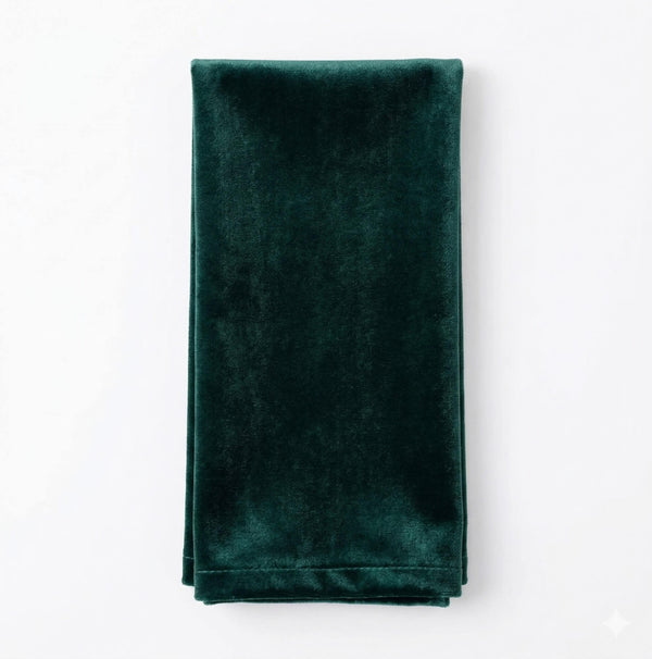 The Charlotte Dark Green Velvet napkin is neatly folded and displayed on a white background.
