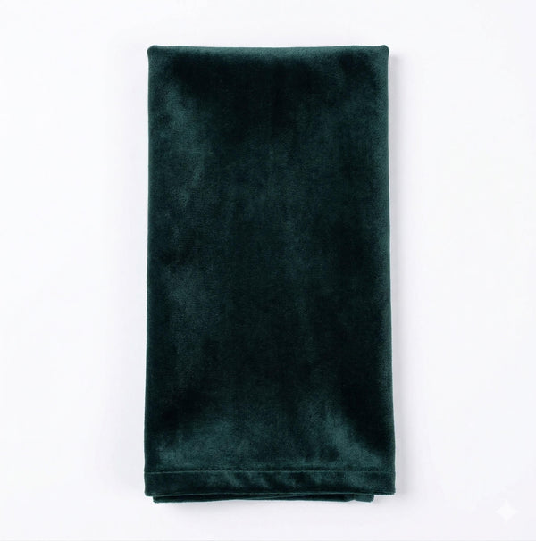 The Charlotte Forest Green Velvet napkin, a rectangular piece of luxurious velvet, is neatly folded and displayed on a plain white background.