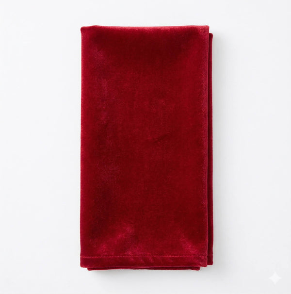 A neatly folded Charlotte Orchid Velvet napkin in deep red is placed against a plain white background.