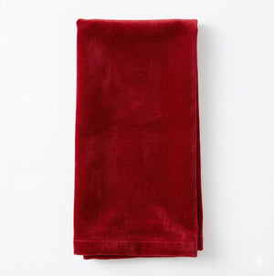 The Charlotte Red Velvet napkin, crafted from luxurious velvet, is neatly folded and displayed on a white background.