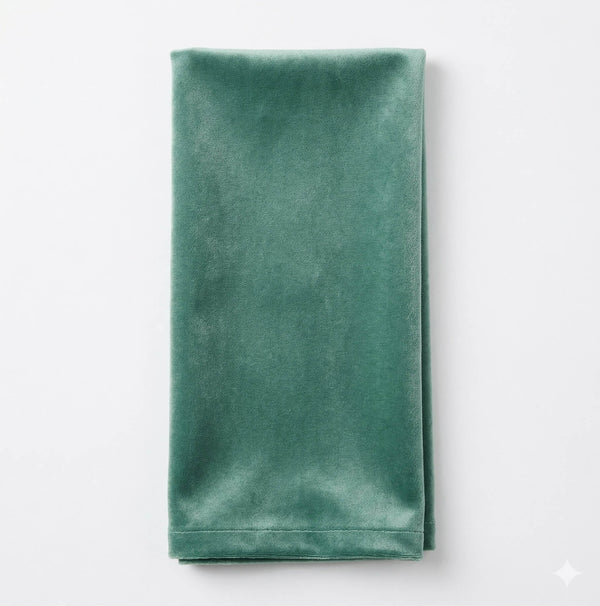 Charlotte Soft Green Velvet napkin, elegantly folded, shown on a plain white background.