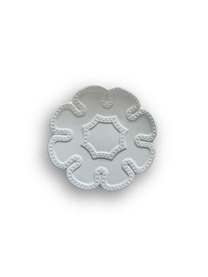 A vintage-inspired plate from the Annalise White Plate Range, featuring a scalloped, flower-like edge and beaded detailing on each petal section, photographed against a plain white background.