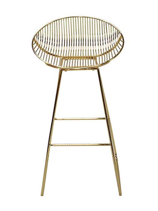 The Bliss Bar Stool features a gold finish, round open-wire backrest and seat, slim angled legs with horizontal supports, and a modern minimalist design. It stands out elegantly against a plain white background.