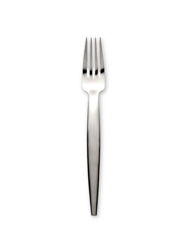 A single stainless steel fork from the Bold Cutlery Range, featuring four tines and modern architectural design, stands upright against a plain white background.