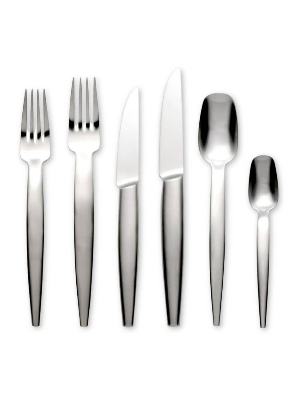 Six pieces from the Bold Cutlery Range‚Äîtwo forks, two knives, a large spoon, and a small spoon‚Äîare set on a white background, all showcasing modern architectural design ideal for luxury events.