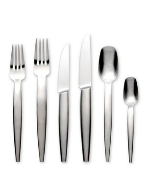 Six pieces from the Bold Cutlery Range‚Äîtwo forks, two knives, a large spoon, and a small spoon‚Äîare set on a white background, all showcasing modern architectural design ideal for luxury events.