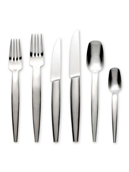 Six pieces from the Bold Cutlery Range‚Äîtwo forks, two knives, a large spoon, and a small spoon‚Äîare set on a white background, all showcasing modern architectural design ideal for luxury events.