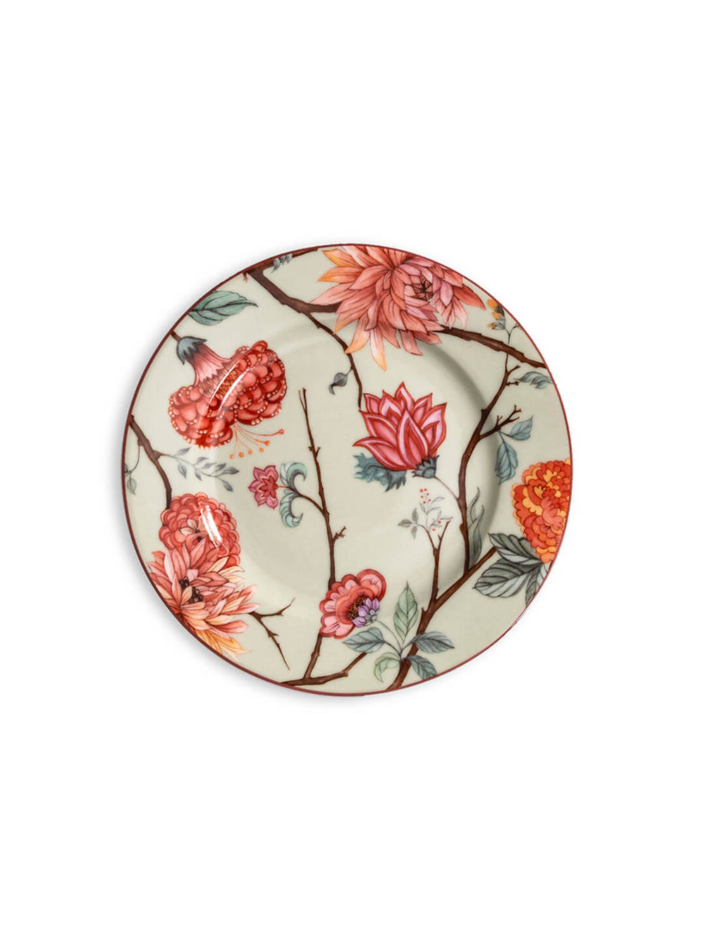 Two stacked Botanic Green Plate Range ceramic plates feature a cream background with pink, orange, and red flowers, butterflies, brown branches, and green leaves—nature-inspired tableware ideal for any setting.