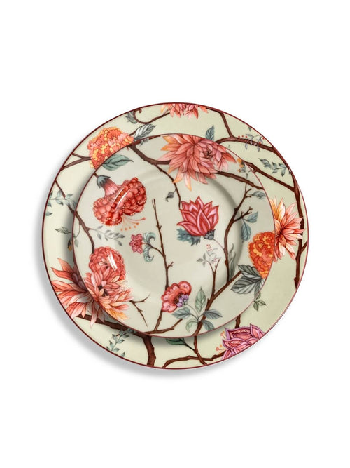 Two stacked Botanic Green Plate Range ceramic plates feature a cream background with pink, orange, and red flowers, butterflies, brown branches, and green leaves—nature-inspired tableware ideal for any setting.