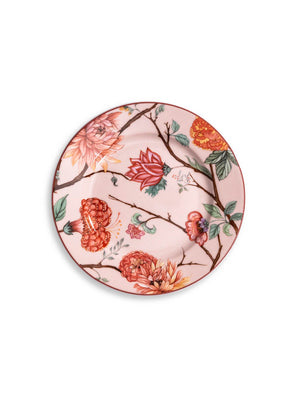 The Botanic Pink Plate Range features round ceramic plates with a light pink background, colorful botanical florals, butterflies in red, pink, orange, green, and a rich reddish rim—adding charm to your tableware.
