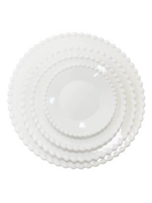 Four white round plates from the Chateau Pearl Plate Range, each with pearl-bead edges, are stacked in varying sizes and viewed from above on a plain background—a refined choice for luxury dinnerware.
