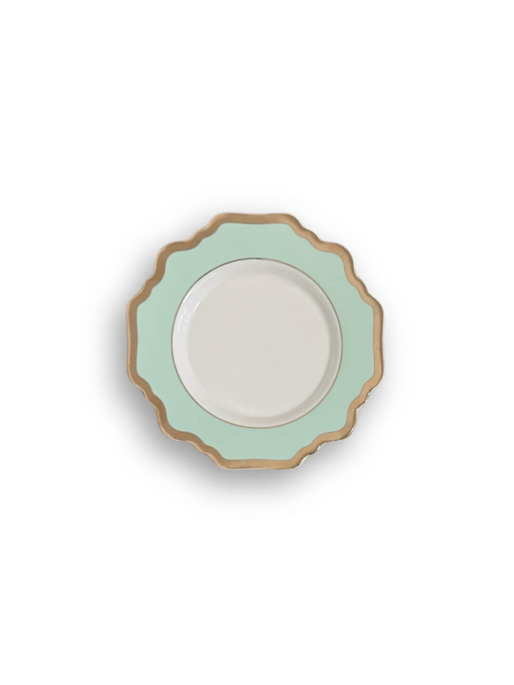 The Colette Green Plate Range includes five scalloped-edge plates in graduating sizes, stacked together. Featuring a light green hue, gold trim, and a white center, they add modern elegance to any setting. The background is plain white.