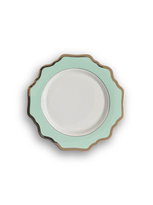 The Colette Green Plate Range features decorative plates with scalloped edges, mint green borders, and gold-trimmed white centers—ideal for adding modern tableware elegance to your setting. Set against a white background.