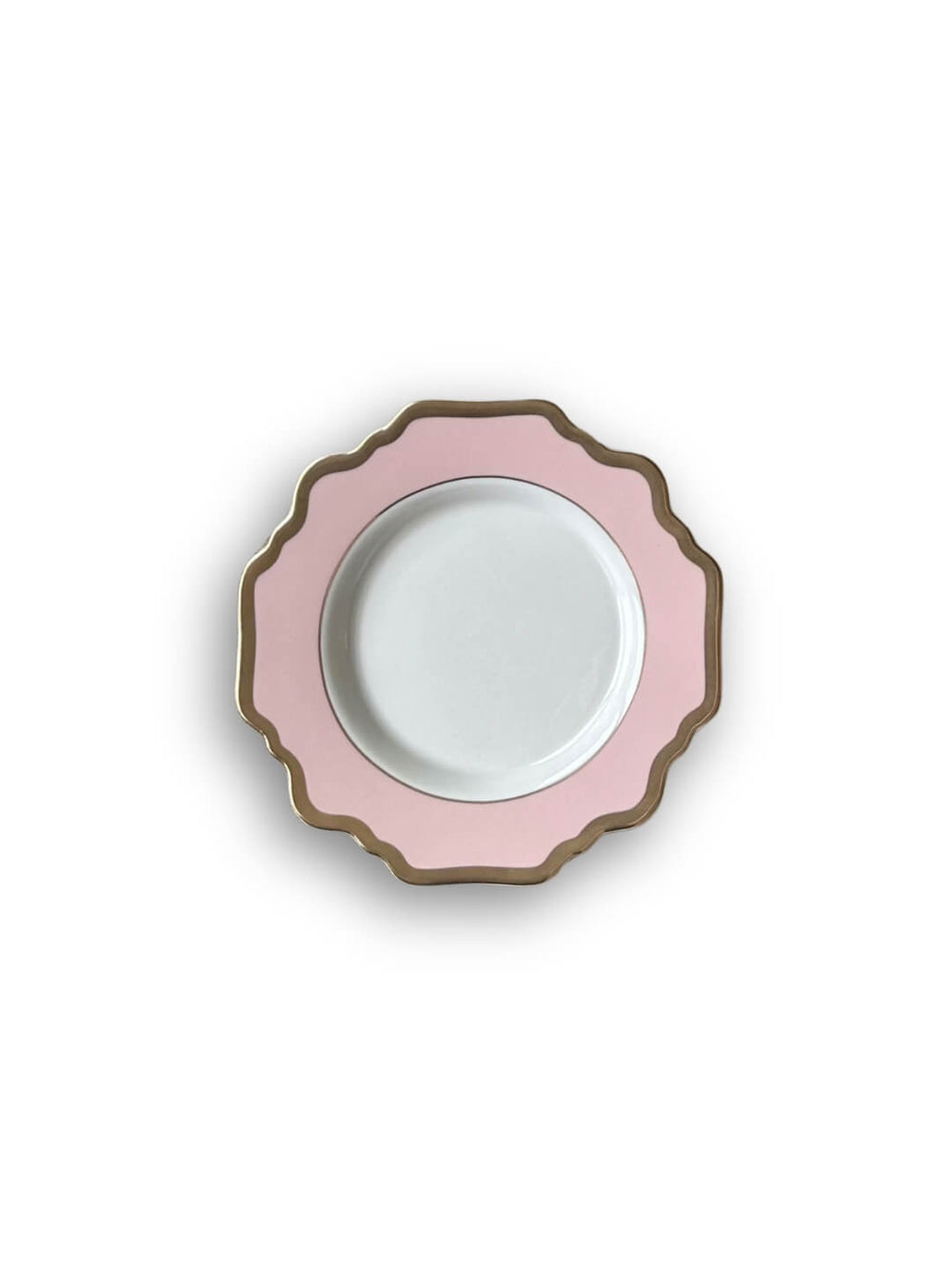 Five Colette Pink plates in graduating sizes, stacked neatly. Each luxury plate has pink and gold trim, except the smallest, which features a white center with a pink and gold scalloped rim. All are viewed from above.