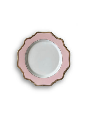 A luxurious Colette Pink Plate Range piece: round, white with a wide pink rim and scalloped gold edge, beautifully showcased against a plain white background.