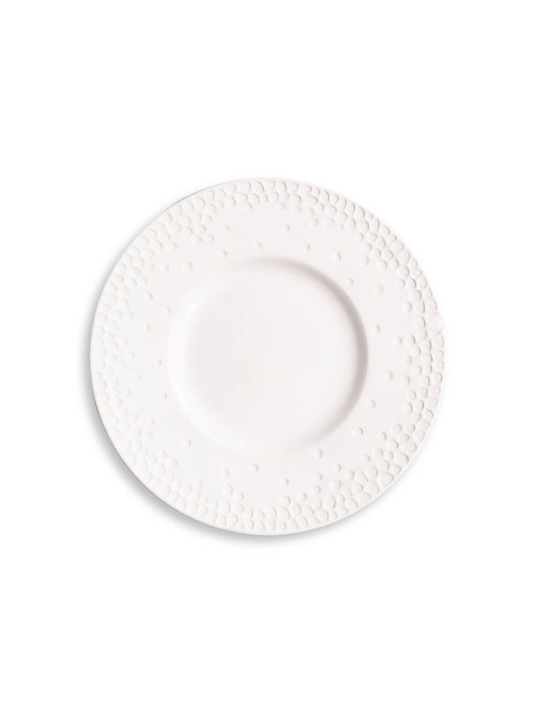 A white ceramic plate from the Dotty Plate Range, featuring an embossed dot pattern around the rim and modern design, shown from above against a plain white background.
