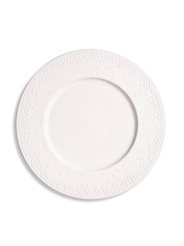 A modern white round plate from the Dotty Plate Range, featuring an embossed dot pattern around the rim on a plain background.