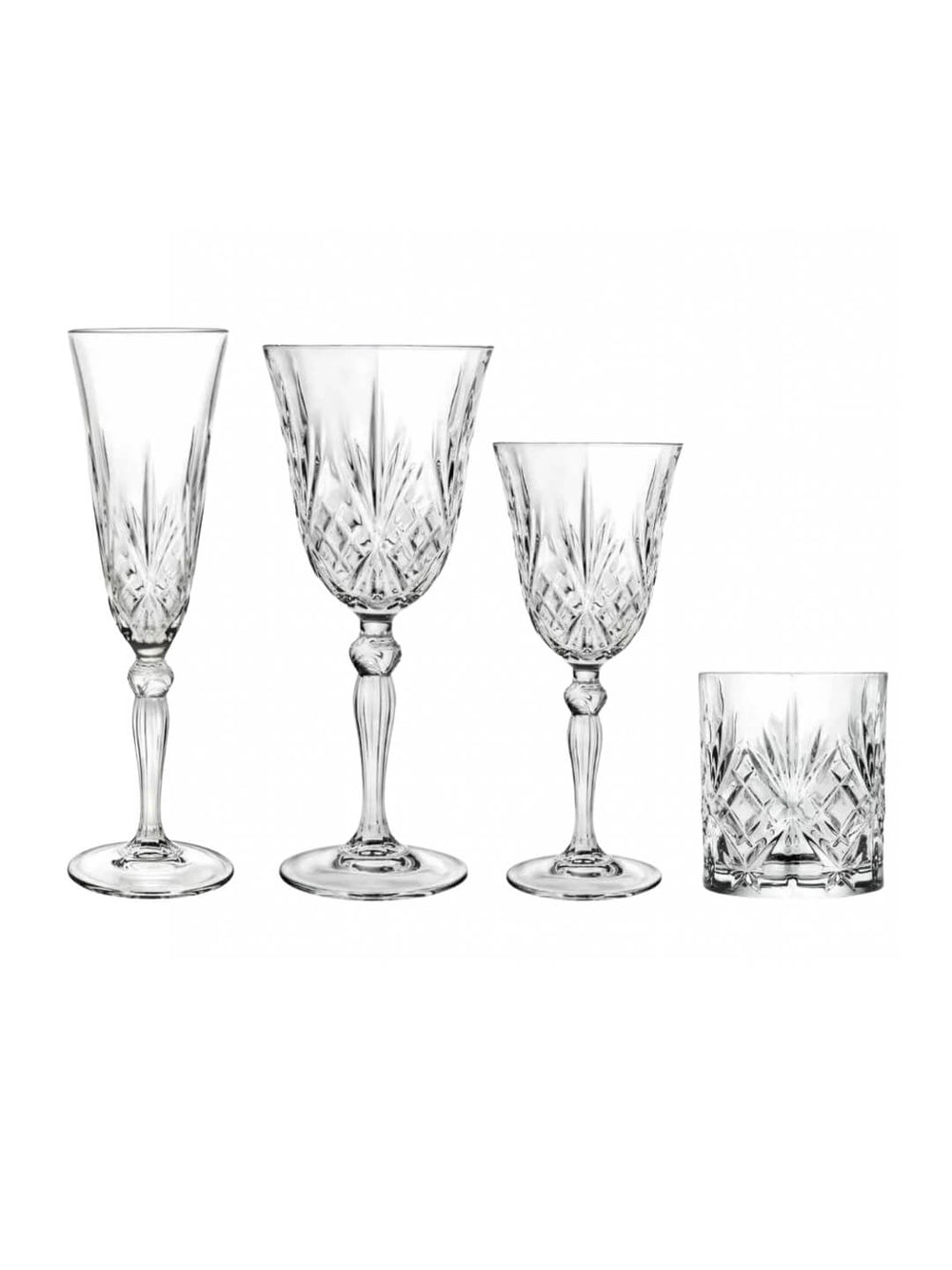 Four vintage-inspired crystal glasses from the Edith Glassware Range, including a flute, two stemmed glasses, and a short tumbler with intricate cut patterns, are arranged in a row on a white background.
