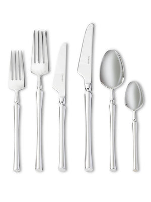 Six polished stainless steel pieces from the Emre Cutlery Range‚Äîsalad fork, dinner fork, butter knife, dinner knife, tablespoon, and teaspoon‚Äîare arranged upright in a row on a white background.
