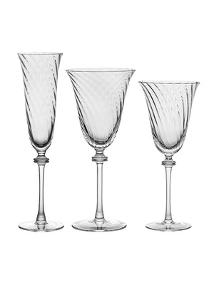 Three clear, elegant crystal glasses from the Evelyn Glassware Range, each with unique bowl shapes and delicate swirling patterns, add luxurious style to any table setting on a pristine white backdrop.