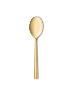 A single gold-colored spoon from the Gaia Gold Cutlery Range, with a round bowl and straight handle, is displayed on a plain white background‚Äîan elegant touch of luxury tableware.