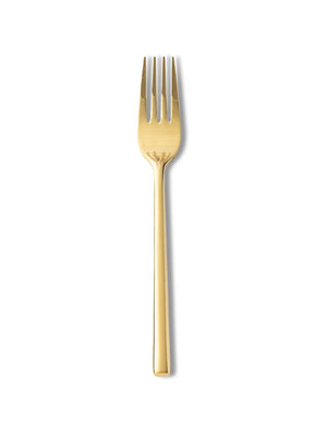 A metallic gold fork from the Gaia Gold Cutlery Range, with four tines, is shown vertically against a plain white background.