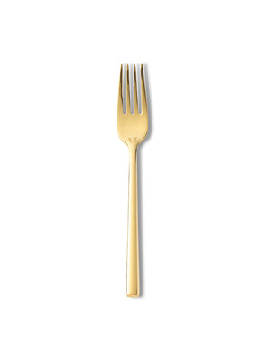 A single gold-colored fork from the Gaia Gold Cutlery Range, featuring four tines, is centered against a plain white background.