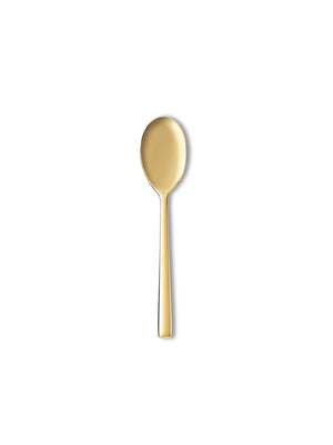 A single spoon from the Gaia Gold Cutlery Range, gold-colored with a modern minimalist design, is centered on a plain white background.
