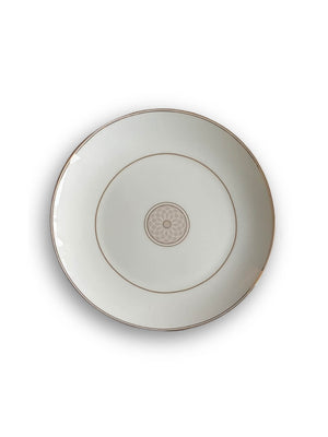 The Grace Plate Range features white porcelain plates with a minimalist beige floral center and two slim beige edge rings, adding modern elegance to your table setting.