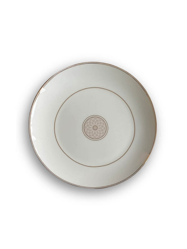 The Grace Plate Range features white porcelain plates with a minimalist beige floral center and two slim beige edge rings, adding modern elegance to your table setting.