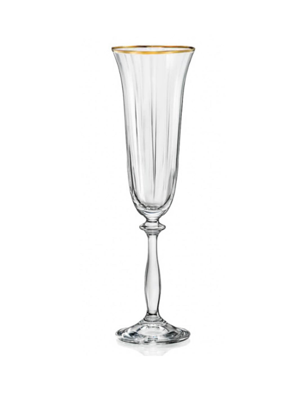 A tall, clear flute from the Halo Gold Glassware Range features a slender stem, flared bowl, and thin gold rim at the top, displayed against a plain white background.
