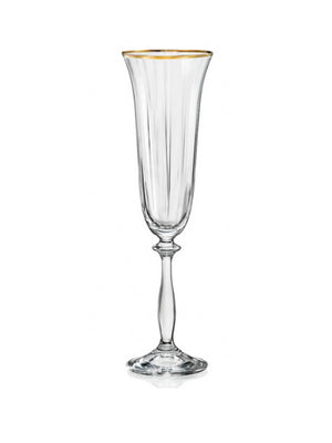 A tall, clear flute from the Halo Gold Glassware Range features a slender stem, flared bowl, and thin gold rim at the top, displayed against a plain white background.