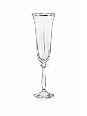 A clear crystal champagne flute from the Halo Platinum Glassware Range features a long stem and flared rim with platinum silver detailing, making it perfect for modern weddings on a plain white background.