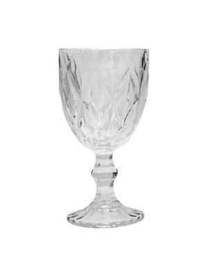 The Hilda Clear Water Glass features vintage-inspired style with a textured diamond pattern, rounded bowl, and short sturdy stem on a wide base, displayed against a white background.