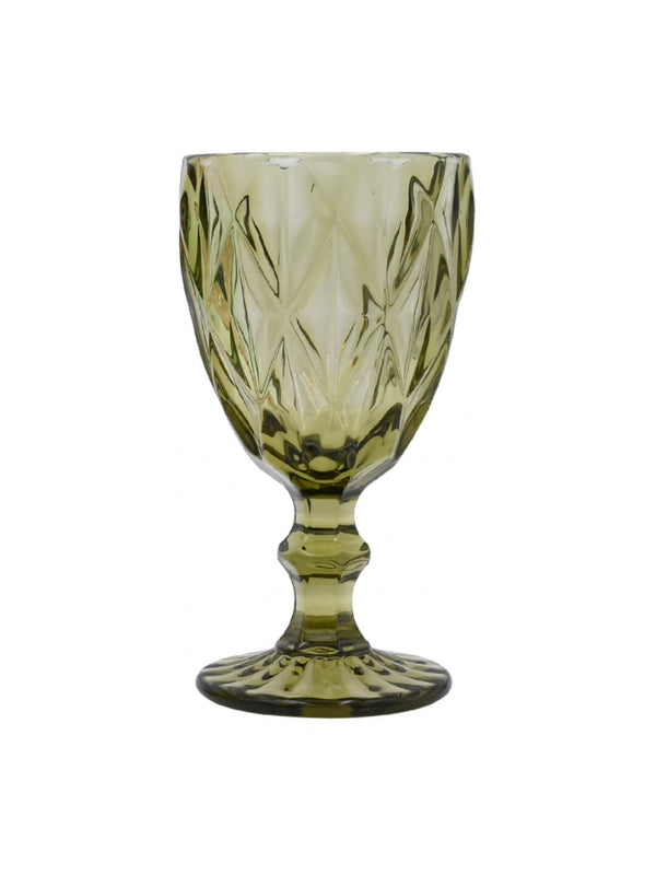The Hilda Olive Water Glass is a green, vintage-inspired goblet with a faceted pattern and short stem, perfect for rustic wedding decor, shown on a white background.