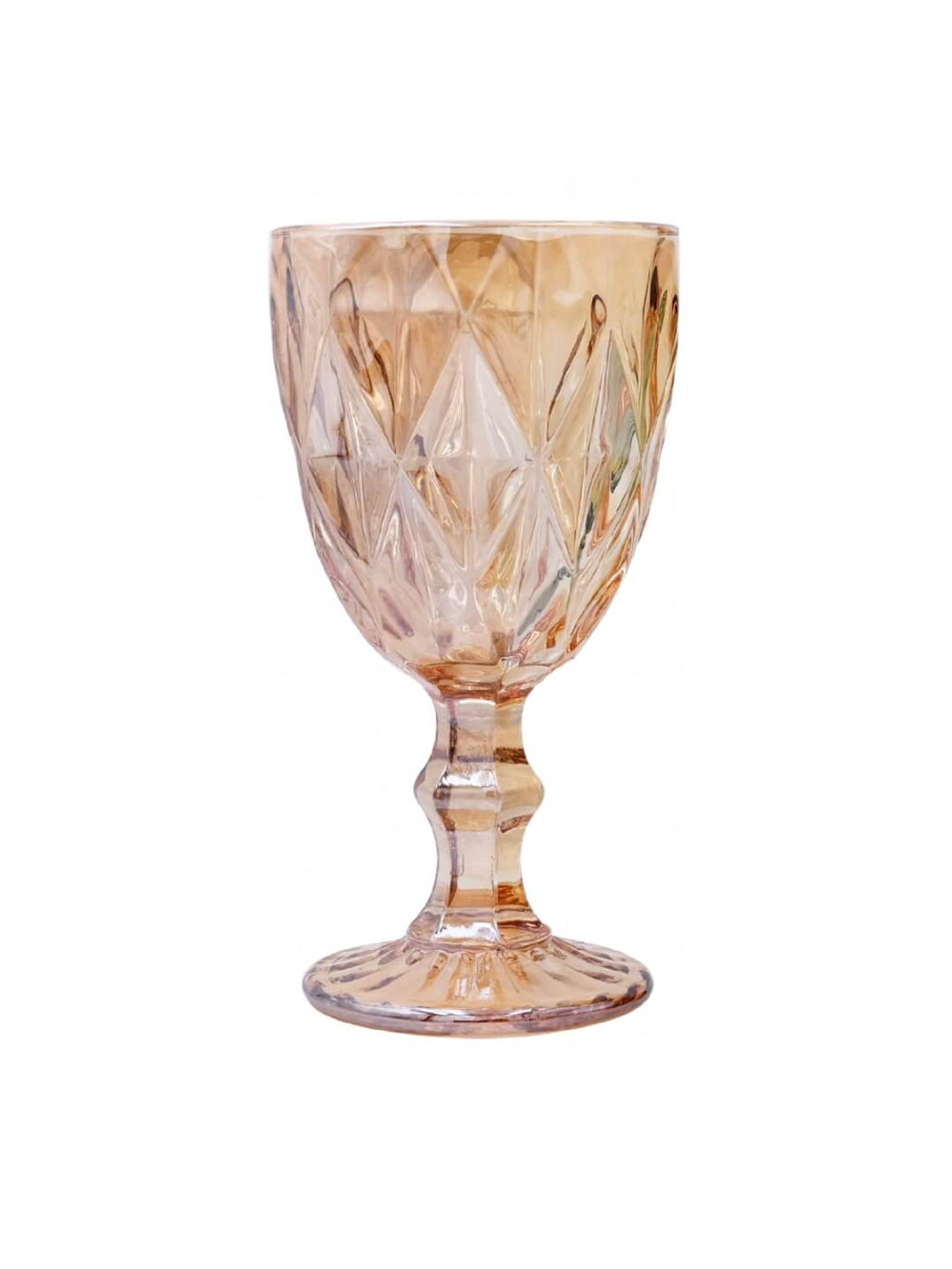 The Hilda Peach Water Glass features a faceted diamond pattern and pink tint on a sturdy stem, making it perfect for adding charm to wedding table decor.