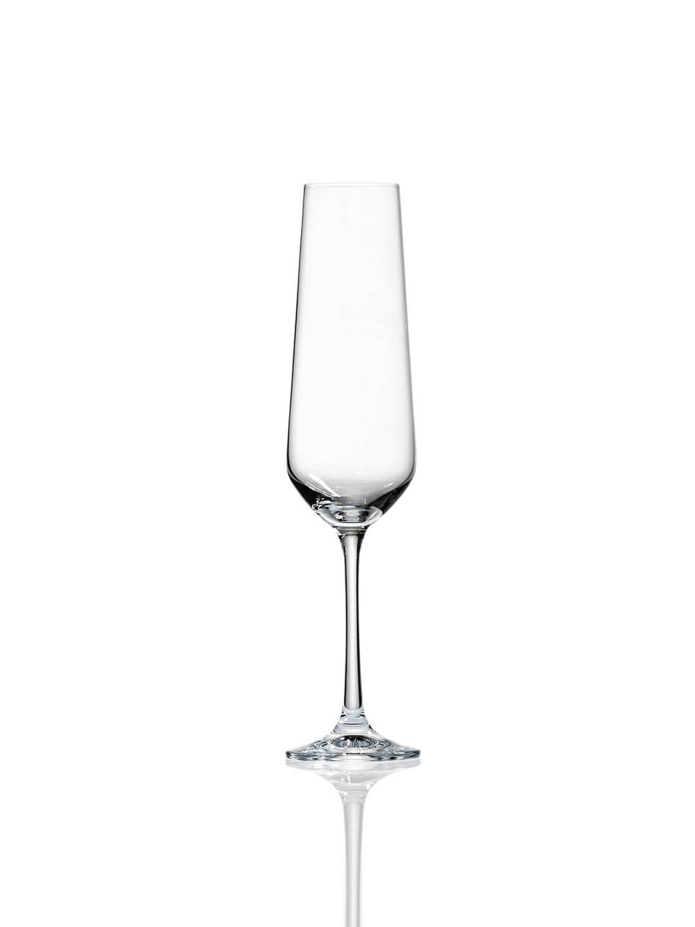 Five clear glasses from the Lily Glassware Range are arranged in a row on a white background, displaying modern design and crystal-clear finishes with elegant simplicity reflected below them.
