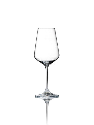 A clear, empty wine glass from the Lily Glassware Range with a long stem and wide bowl stands upright on a white background, its crystal-clear finish and subtle reflection highlighting modern elegance.