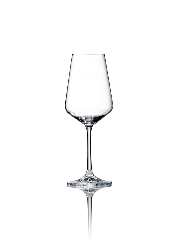 A clear, empty wine glass from the Lily Glassware Range with a long stem and wide bowl stands upright on a white background, its crystal-clear finish and subtle reflection highlighting modern elegance.