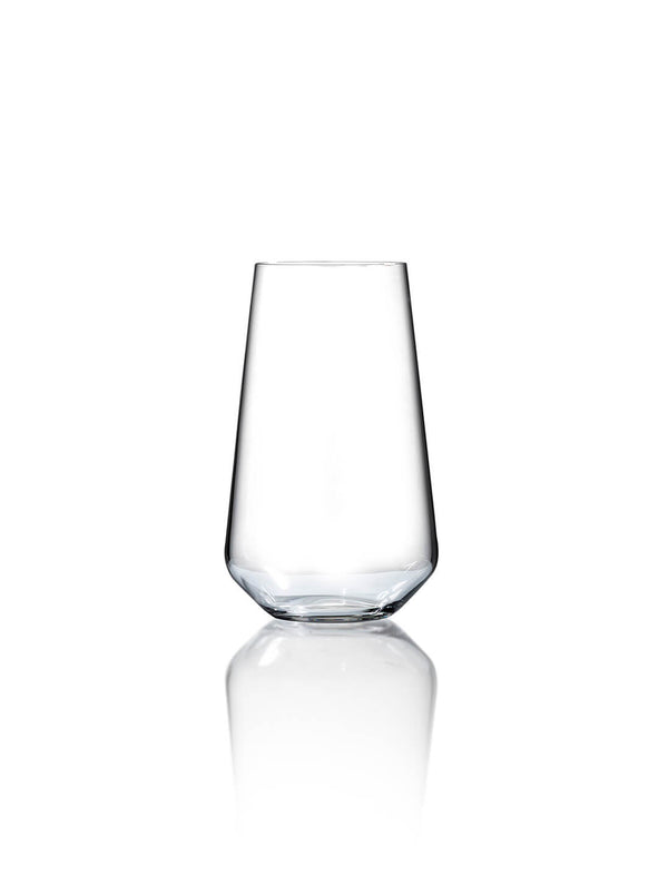 A clear, empty stemless glass with a slightly tapered, angular shape from the Lily Glassware Range stands upright on a white background, its crystal-clear finish and faint reflection showcased below.
