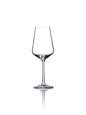 A single clear wine glass from the Lily Glassware Range, featuring a long stem and wide base, is centered on a white background with a crystal-clear finish and subtle reflection below.