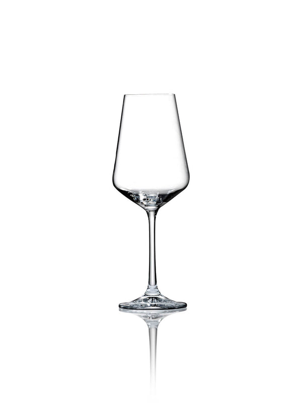 A single clear wine glass from the Lily Glassware Range, featuring a long stem and wide base, is centered on a white background with a crystal-clear finish and subtle reflection below.