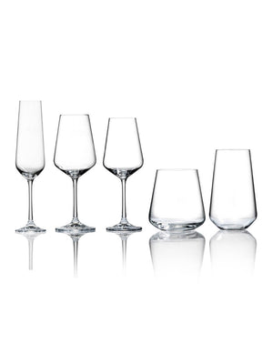 Five clear glasses from the Lily Glassware Range are arranged in a row on a white background, displaying modern design and crystal-clear finishes with elegant simplicity reflected below them.