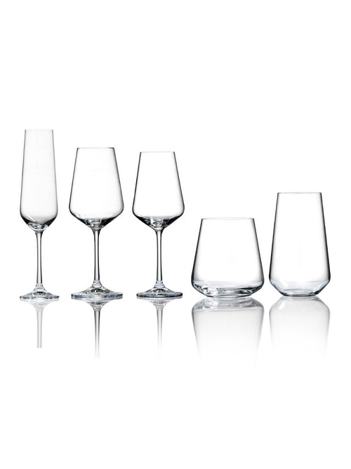 Five clear glasses from the Lily Glassware Range are arranged in a row on a white background, displaying modern design and crystal-clear finishes with elegant simplicity reflected below them.