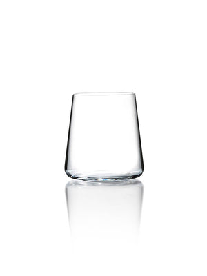 A single empty, clear glass tumbler with straight sides, shown on a white background with a faint reflection—an elegant piece from the Lola Glassware Range, ideal for lovers of modern glassware.