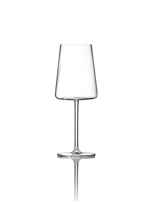 A clear, empty wine glass with a modern, angular bowl and long stem from the Lola Glassware Range, shown on a plain white background.